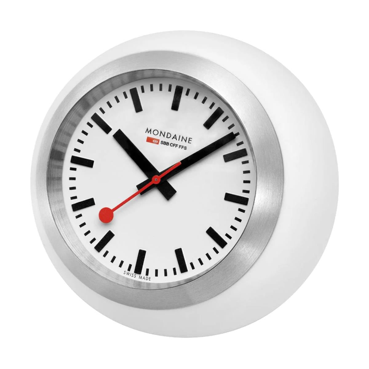 Mondaine Globe Table Clock A660.30335.16SBA three-quarter view showing white spherical case, brushed bezel, and signature red second hand