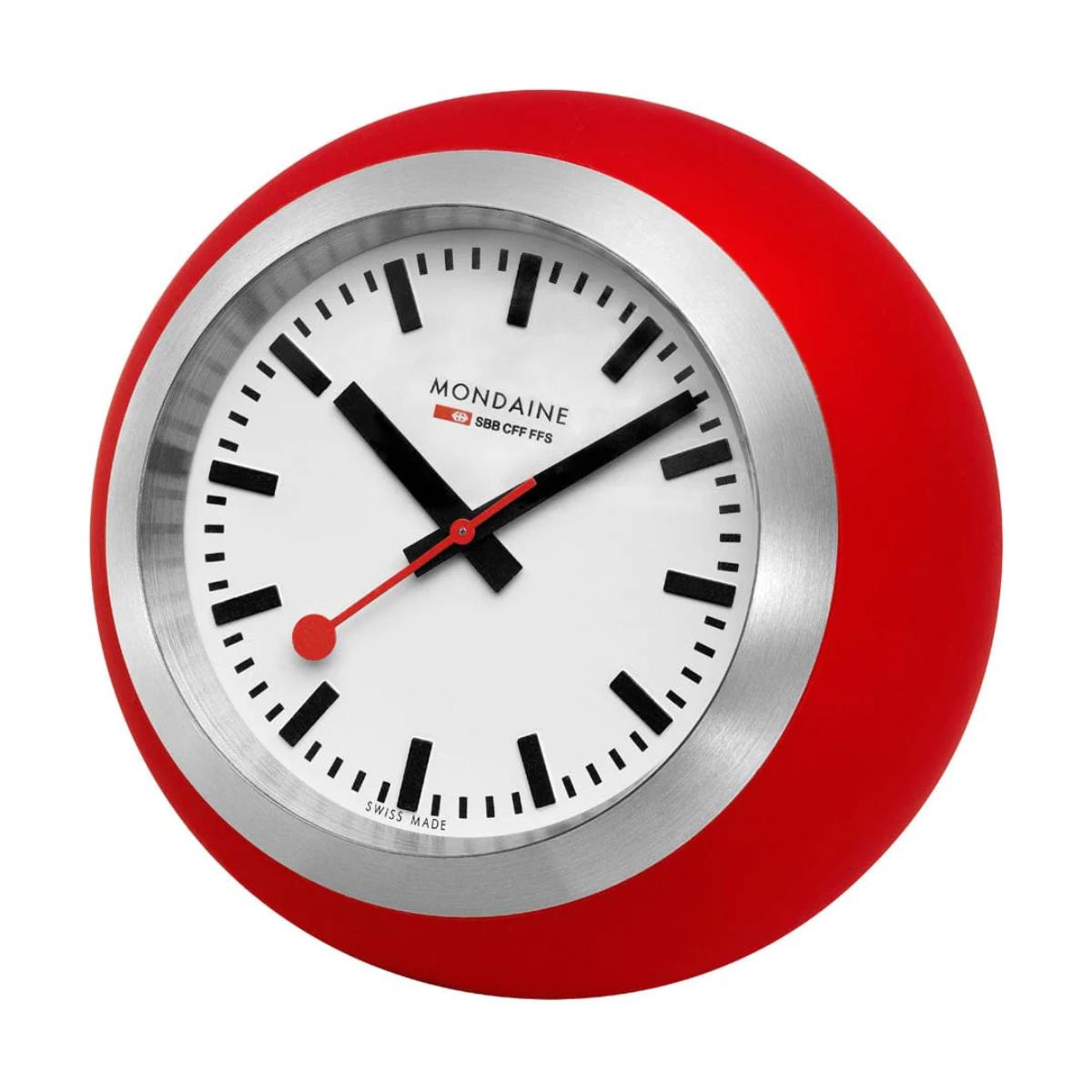 Mondaine 6cm Globe table clock A660.30335.16SBP angled view showing red silicon case and brushed aluminum bezel