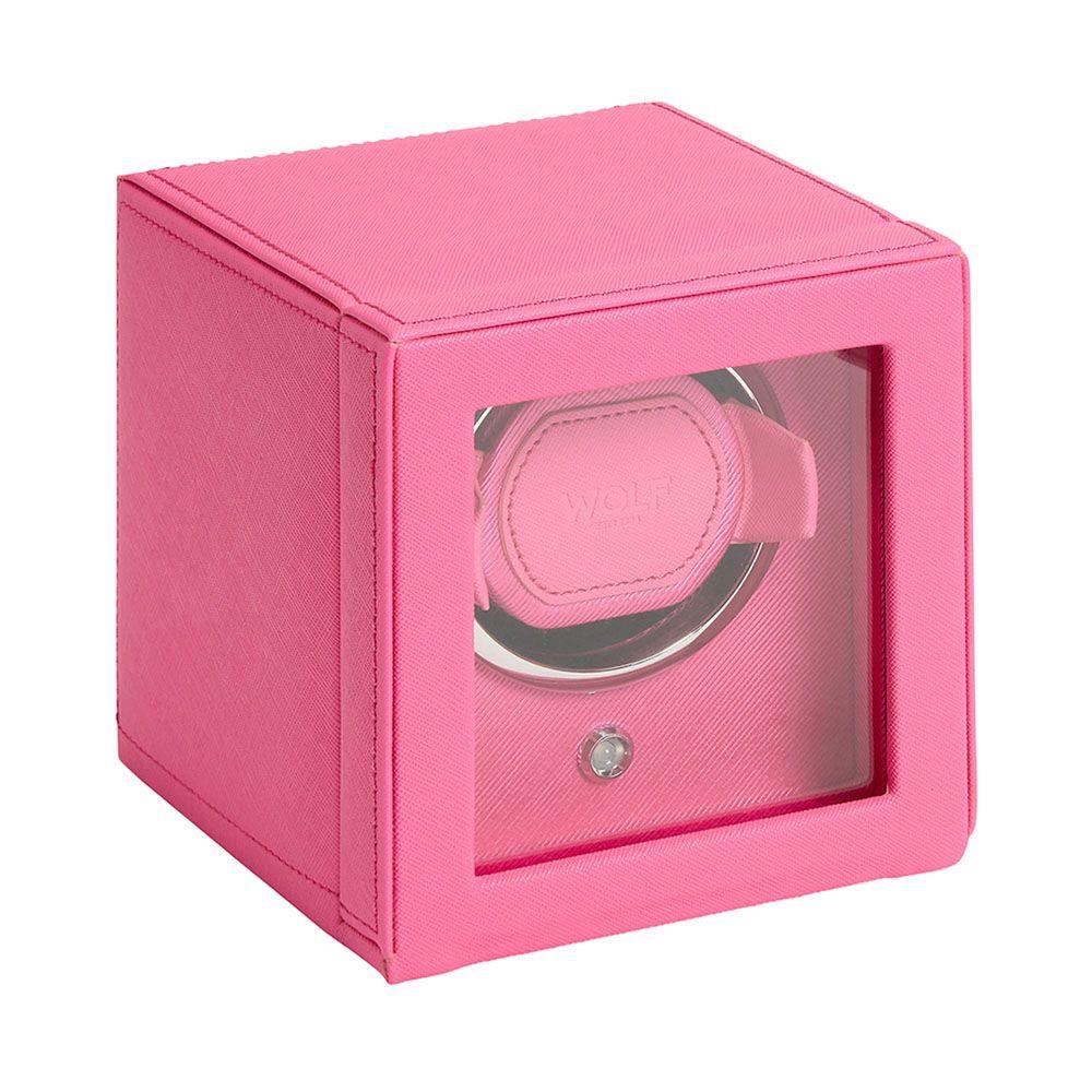 Pink single watch winder box with clear window and circular padded holder