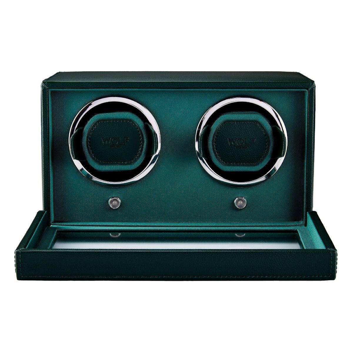 Double watch winder, green hinged cover open with two circular winder cradles