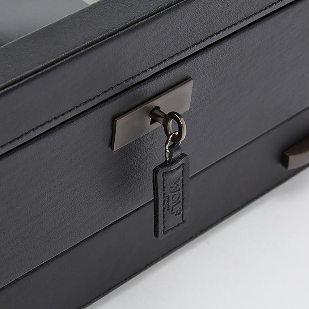 Black watch box drawer with metal keyring and engraved tag