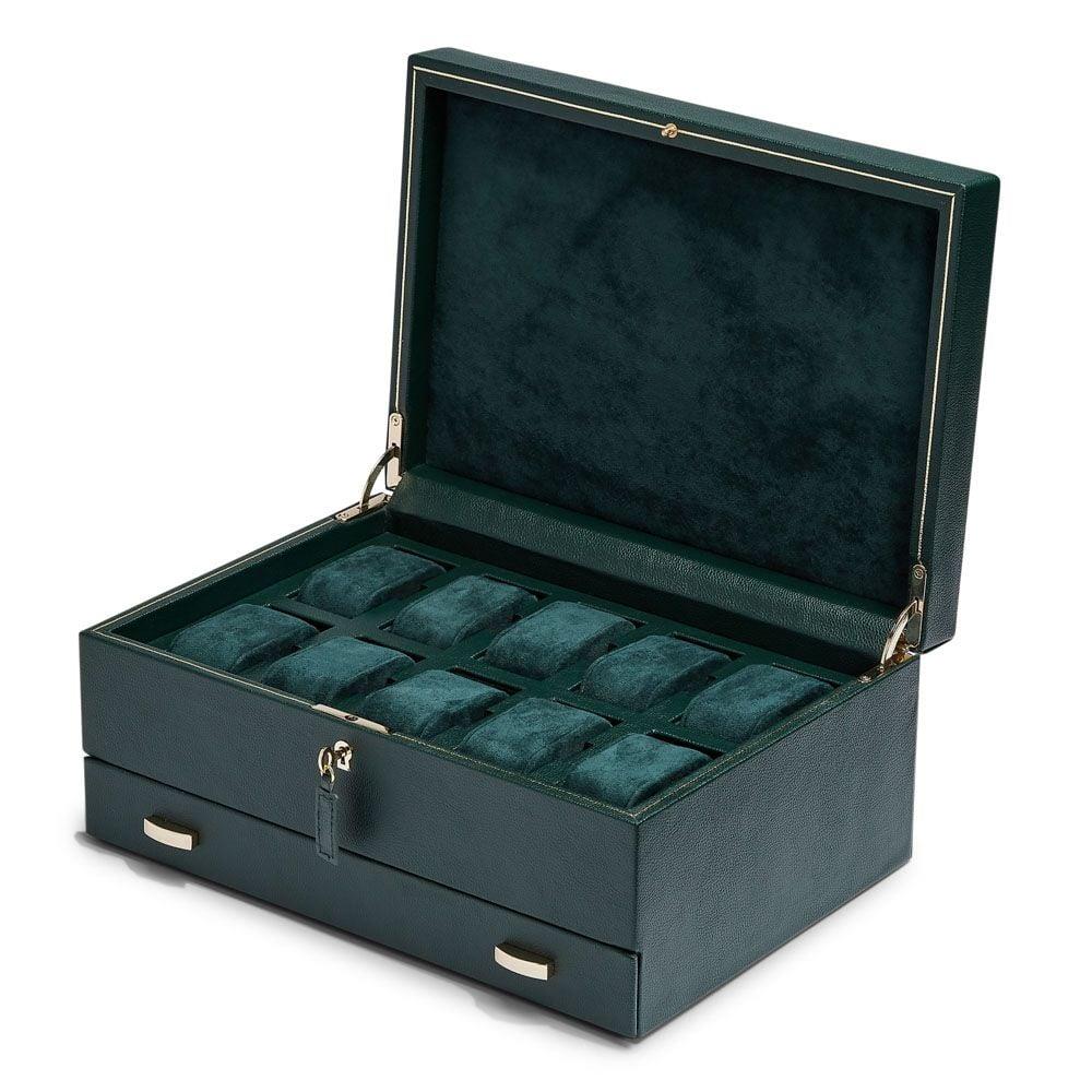 10-watch watch box open view with cushioned slots, dark green interior and lid