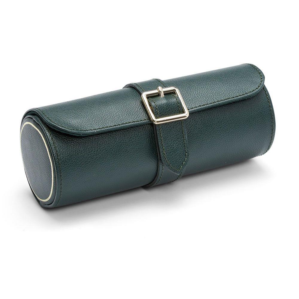 Green triple watch roll with hinged buckle strap and textured leather exterior