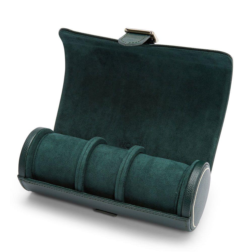 Green watch roll open view showing three padded watch sleeves and soft interior lining