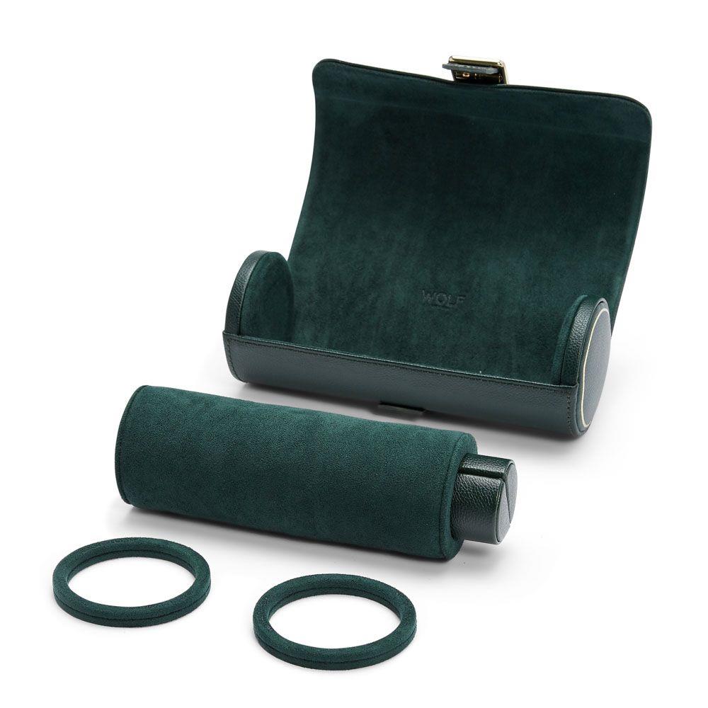 Green watch roll with three padded sleeves, spare bands included, and top latch