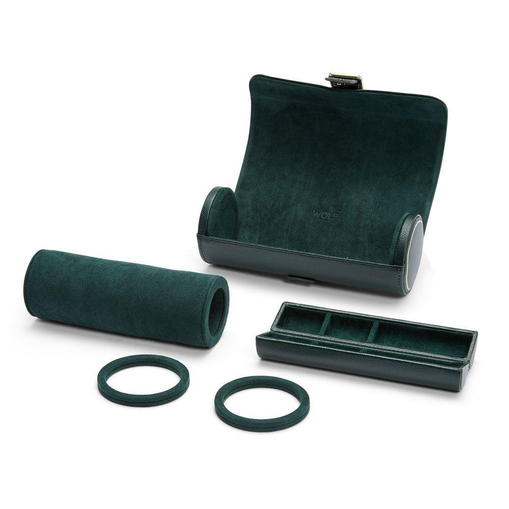 Green watch roll set with three watch sleeves, two elastic bands, and base tray