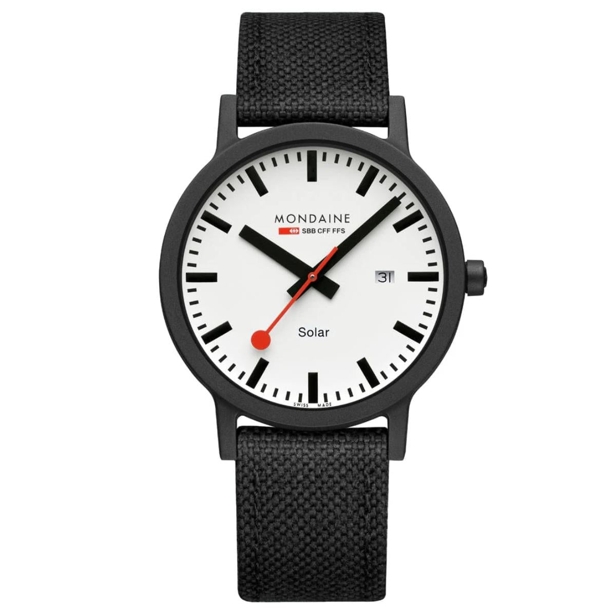 Front studio view of Mondaine Essence MS1.41910.LB solar watch with white dial, date window, and black textile strap