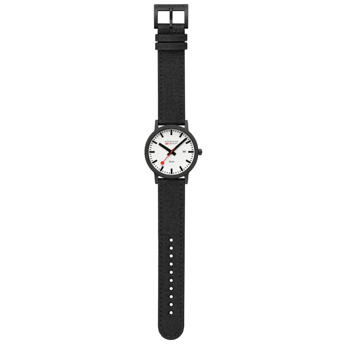 Full vertical view of Mondaine Essence MS1.41910.LB mens watch laid flat against a white background