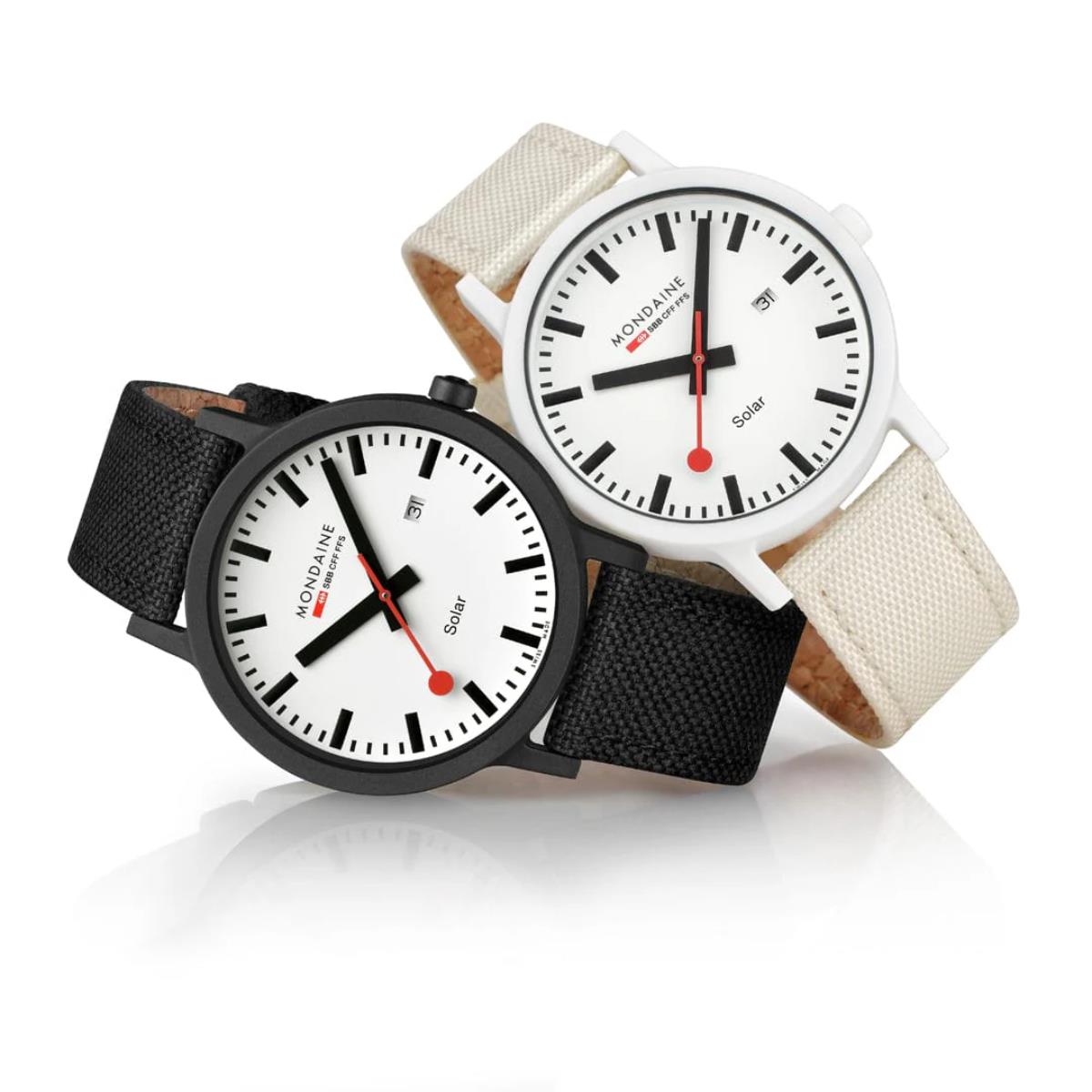 Pair of Mondaine Essence MS1.41910.LB solar energy watches featuring white and black sustainable textile strap options