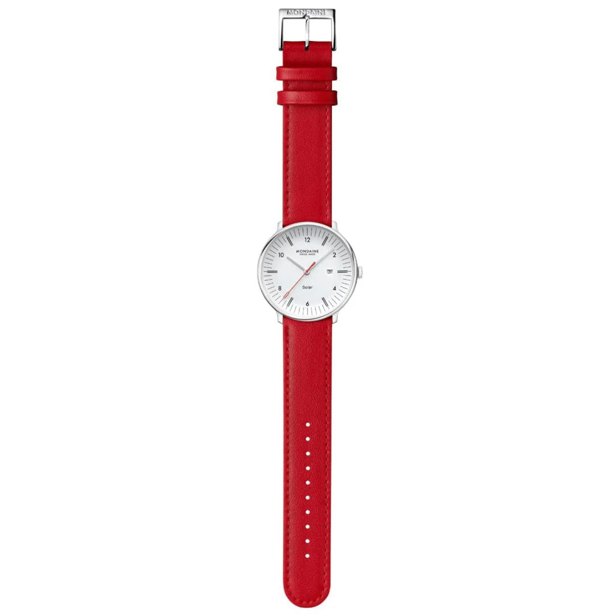 Full-length flat vertical layout of the Mondaine solar watch with its long red vegan grape leather strap
