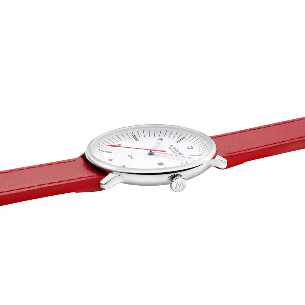 Side profile of Mondaine Doppio 41mm white dial leather mens solar watch MLE.41910.LCV showing its slim polished silver-tone case and its red leather strap