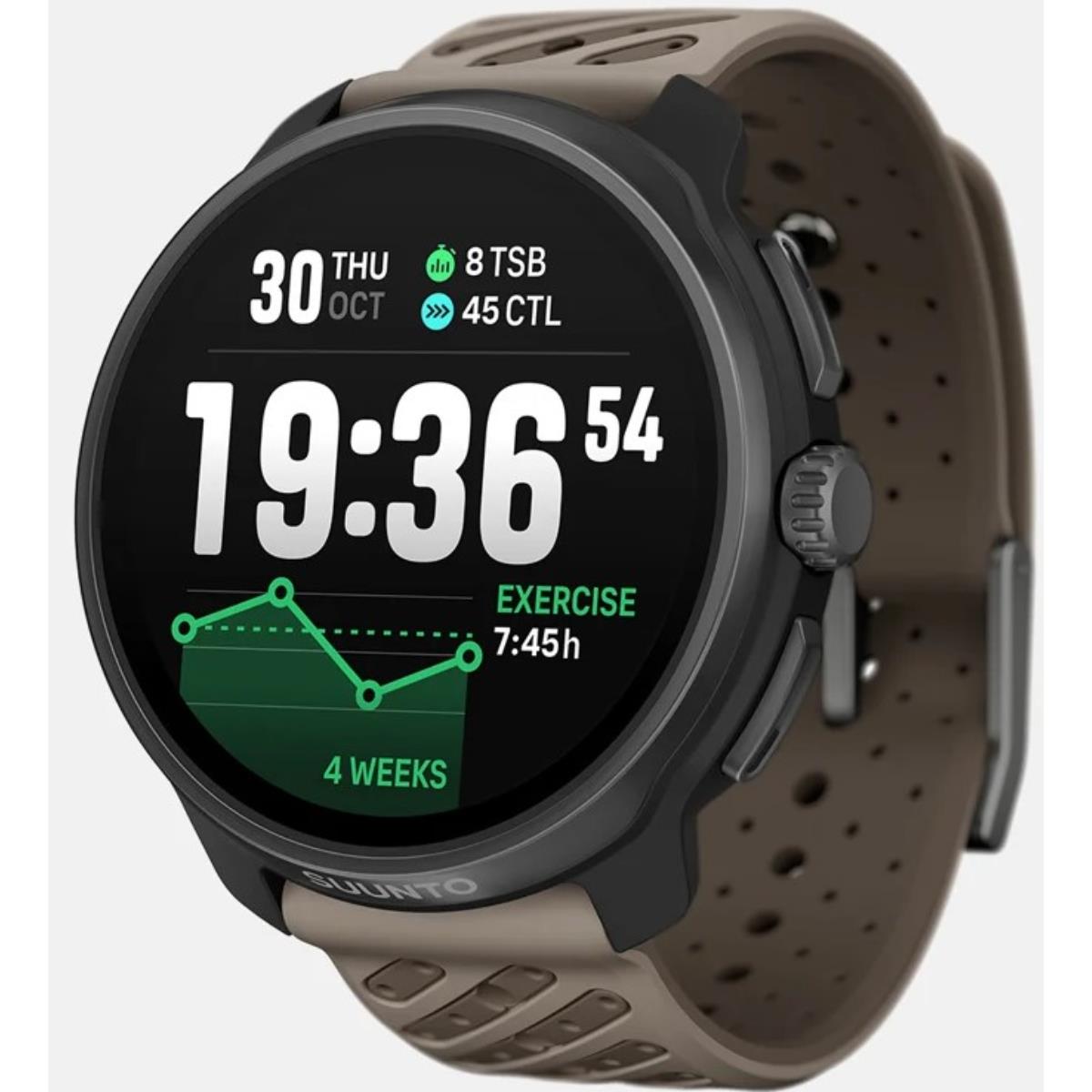 Suunto Race 2 SS051203000 titanium trail fitness watch, three-quarter angle, featuring side crown control button and perforated dark taupe strap