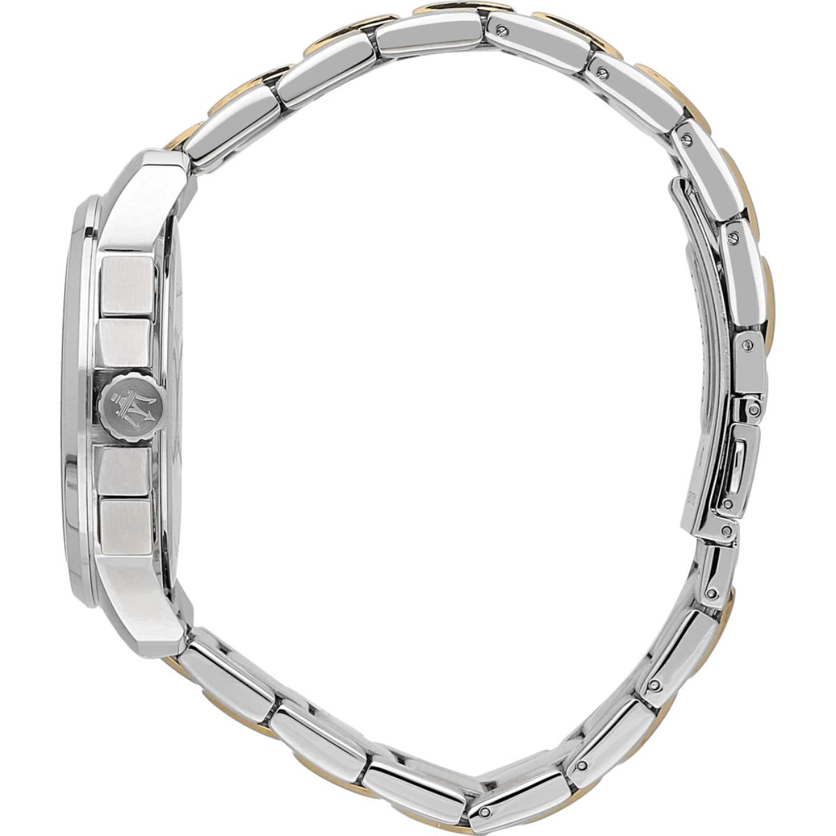 Steel chronograph watch case and linked bracelet side view with polished edges