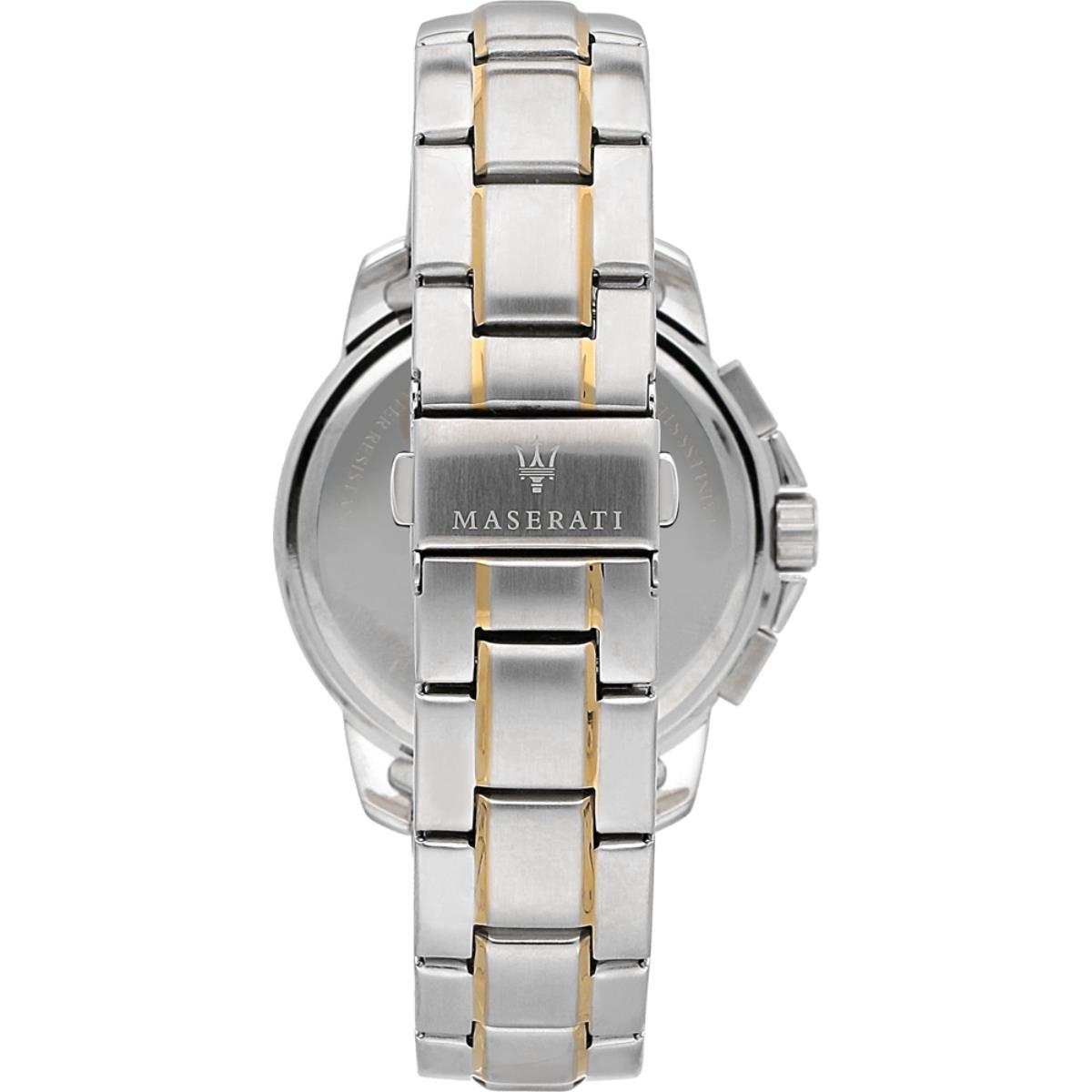 Maserati watch with stainless steel bracelet and gold center links, back side