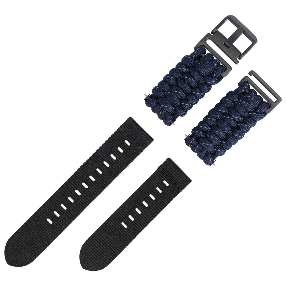 Paracord watch strap with blue braided segments and black buckle, plus black strap ends