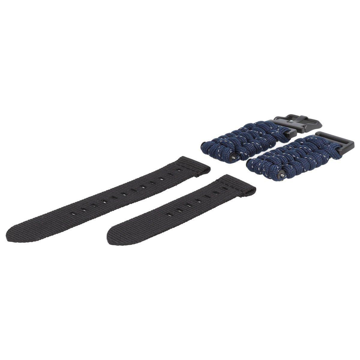 Blue braided paracord watch strap with black hardware and two black adjustable ends