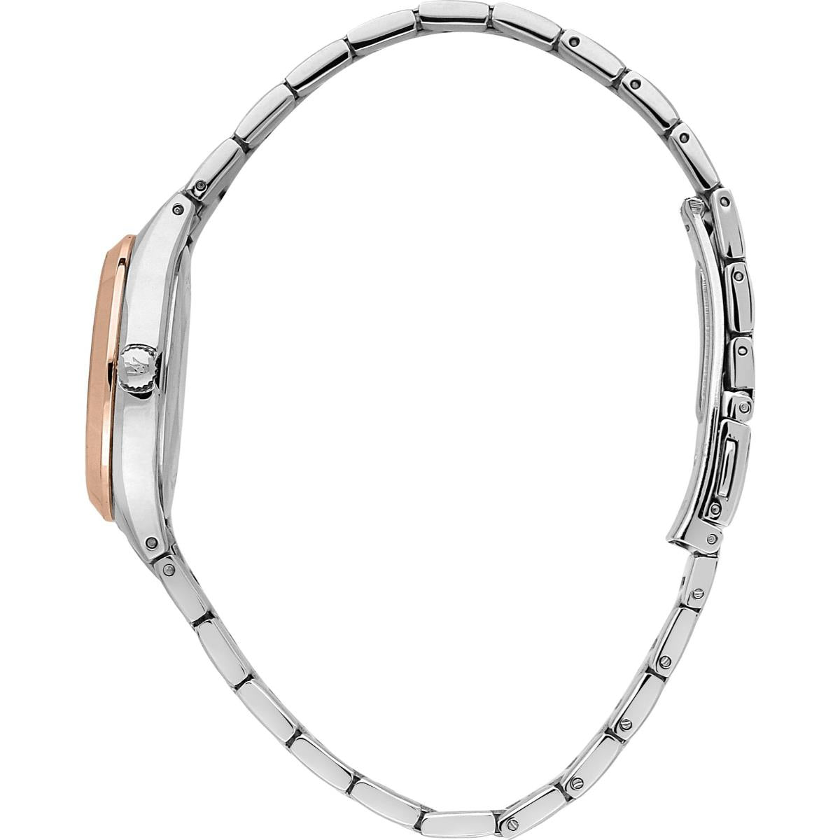 Maserati quartz watch with oval case and rose-gold link accents on steel bracelet