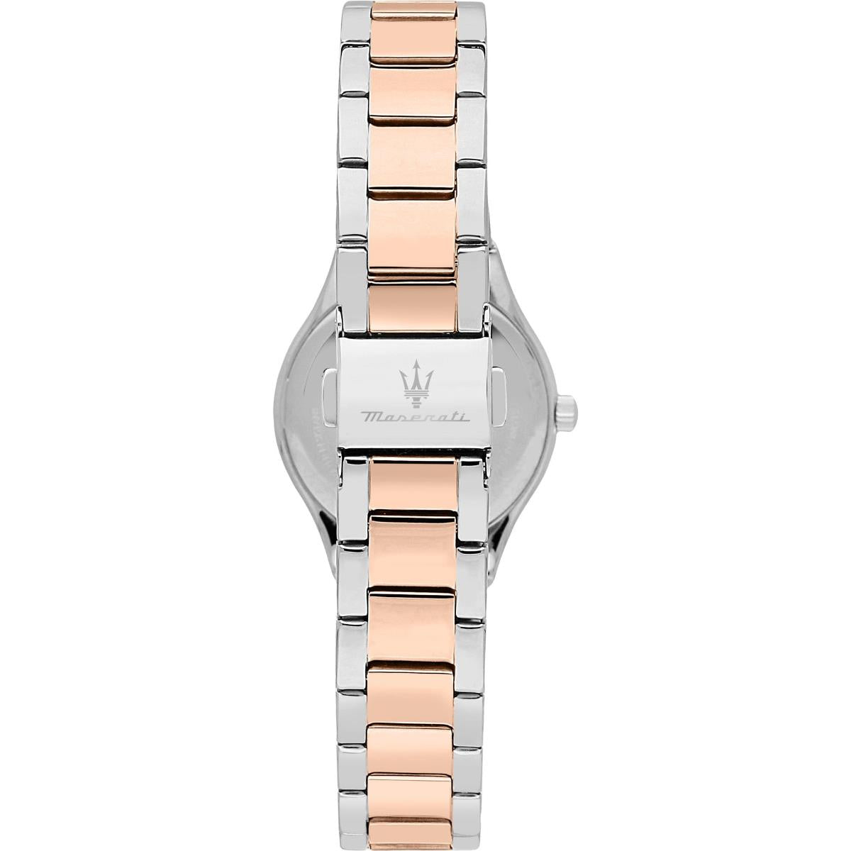 Maserati quartz watch with side profile and bracelet, rose-gold center links on steel