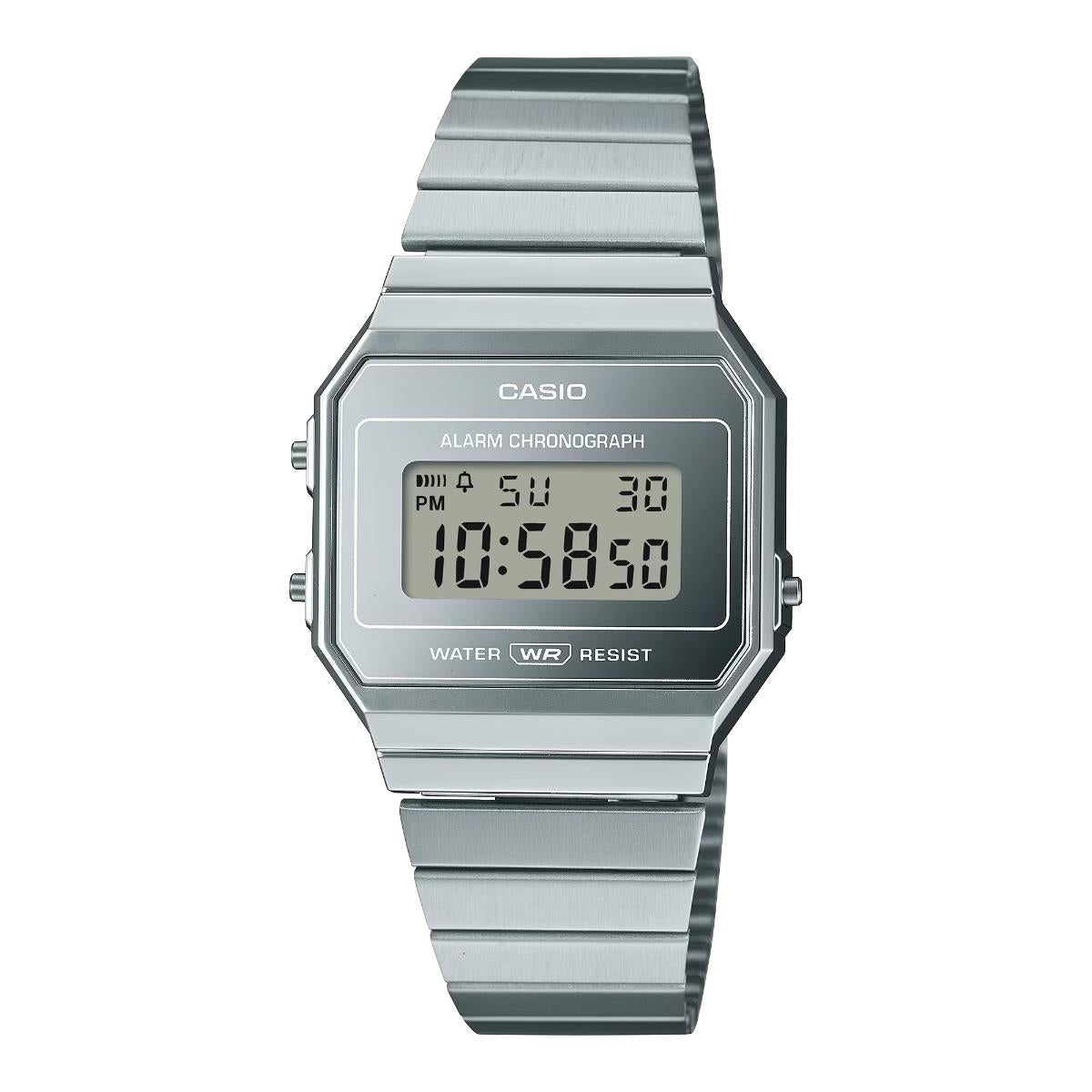 Casio Vintage A700WEV-7AEF front view showing digital screen display with steel case and bracelet link profile
