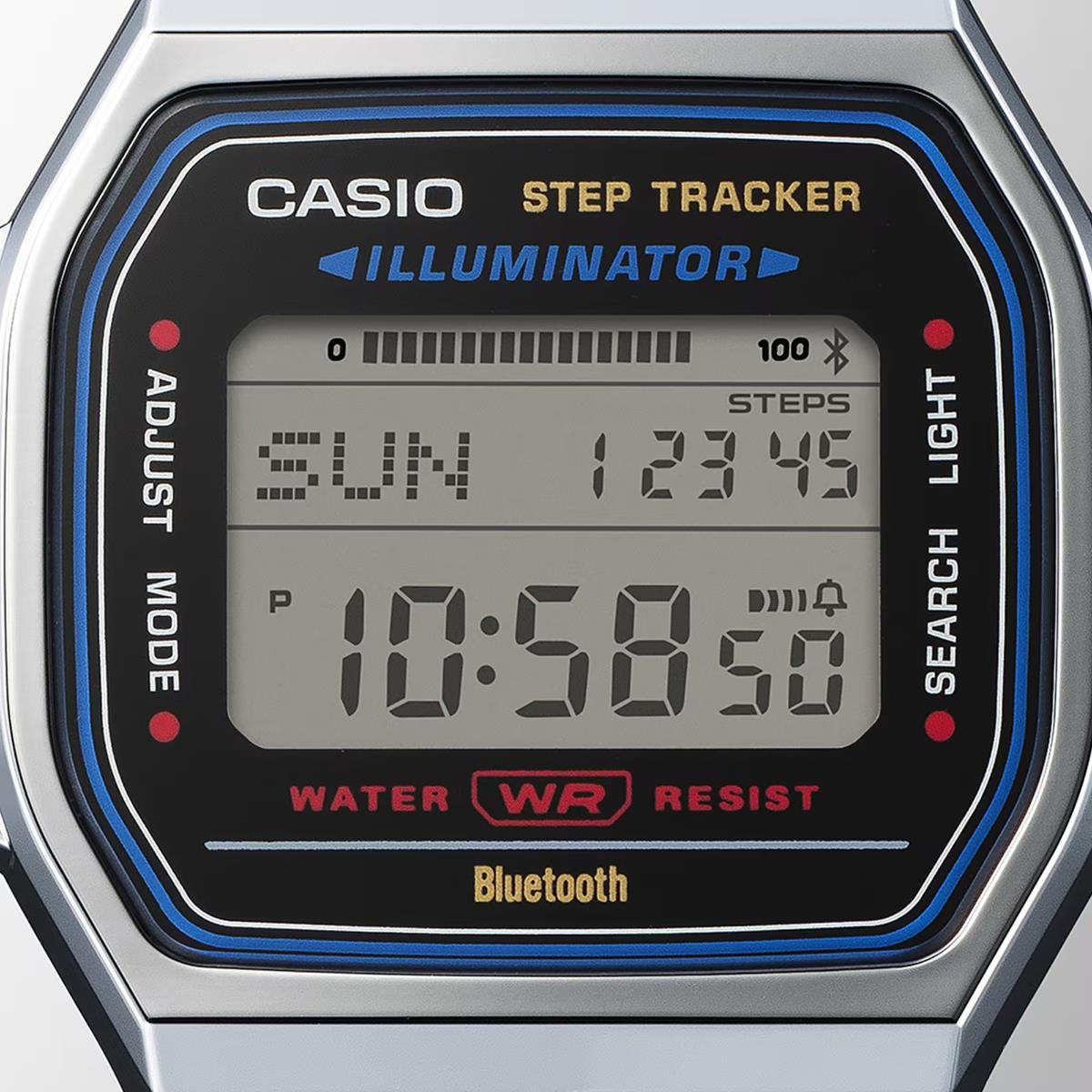 Casio Step Tracker Illuminator face showing WATER WR and Bluetooth settings