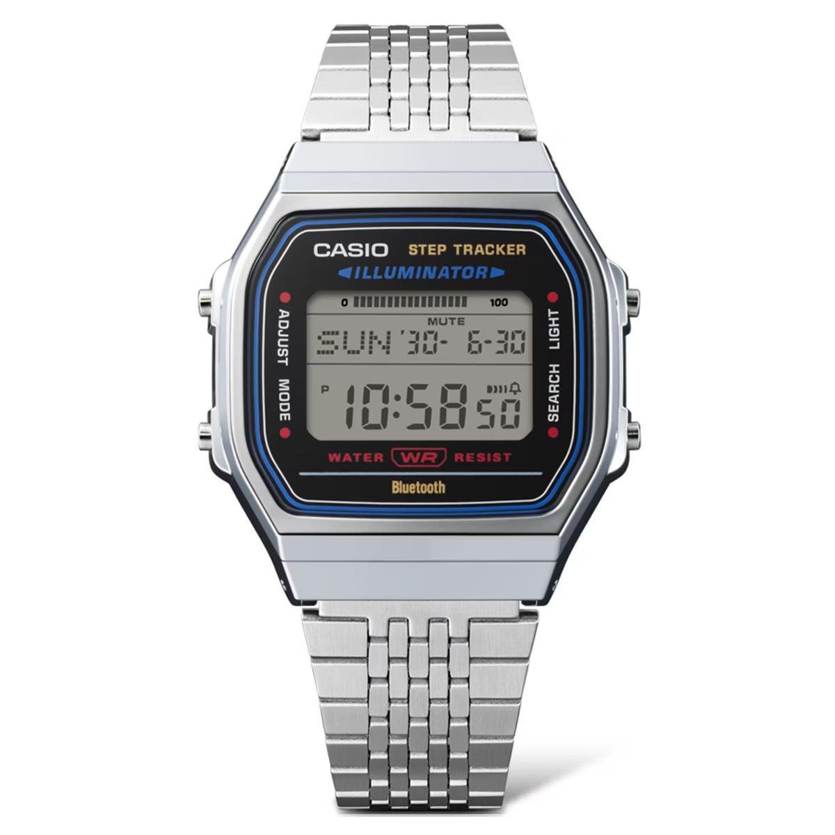 Casio digital watch with stainless steel bracelet and blue-trim Illuminator display