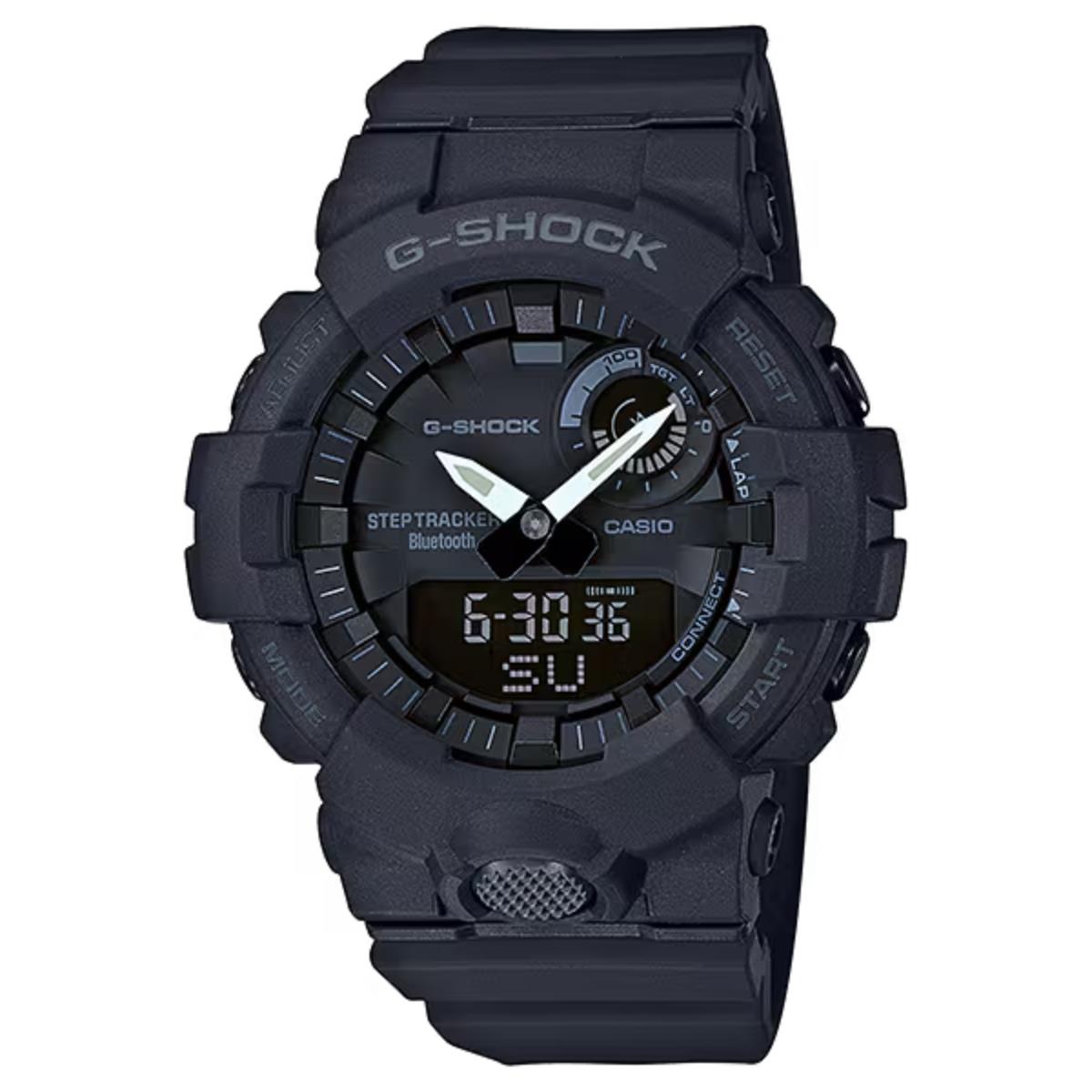 Casio G-Shock Bluetooth Digi-Analogue GBA-800-1AER front view with black dial and resin strap