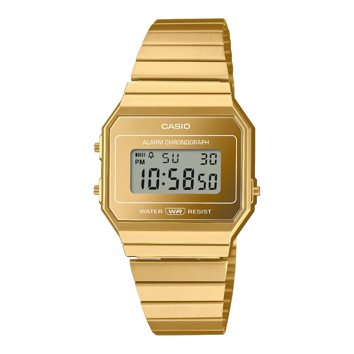 Casio Vintage Iconic A700WEVG-9AEF gold digital steel strap watch front view