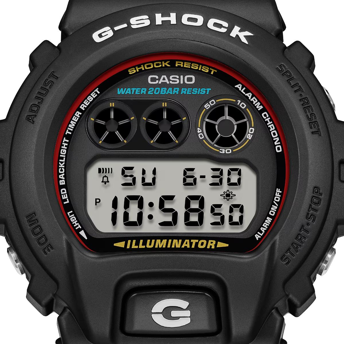 Detailed front angle highlighting the iconic three-eye sub-dial layout and front backlight button of the Casio G-Shock 6900 Series DW-6900RL-1ER