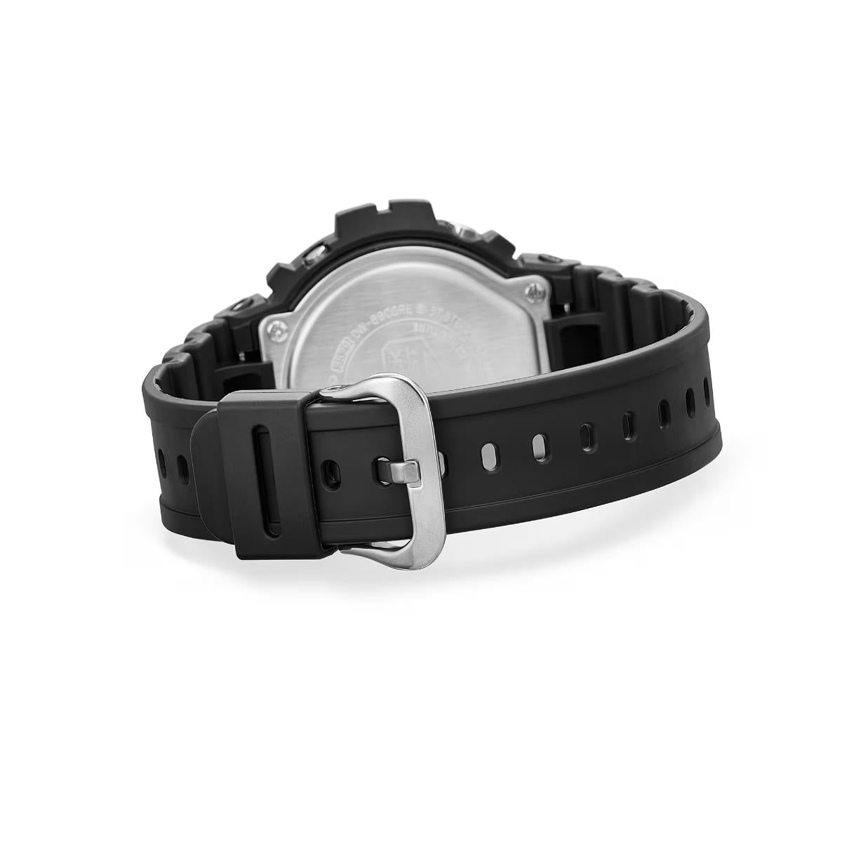 Close-up of the black resin strap and traditional silver metal buckle of the Casio G-Shock 6900 Series DW-6900RL-1ER