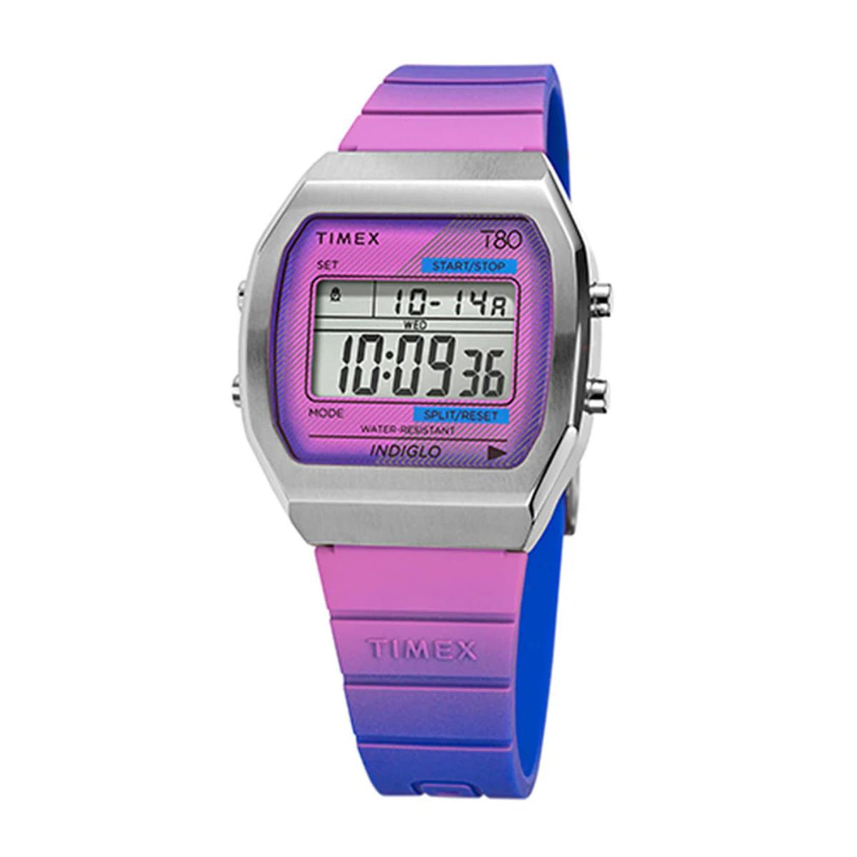 Timex T80 digital display watch with purple screen and blue resin strap, silver case