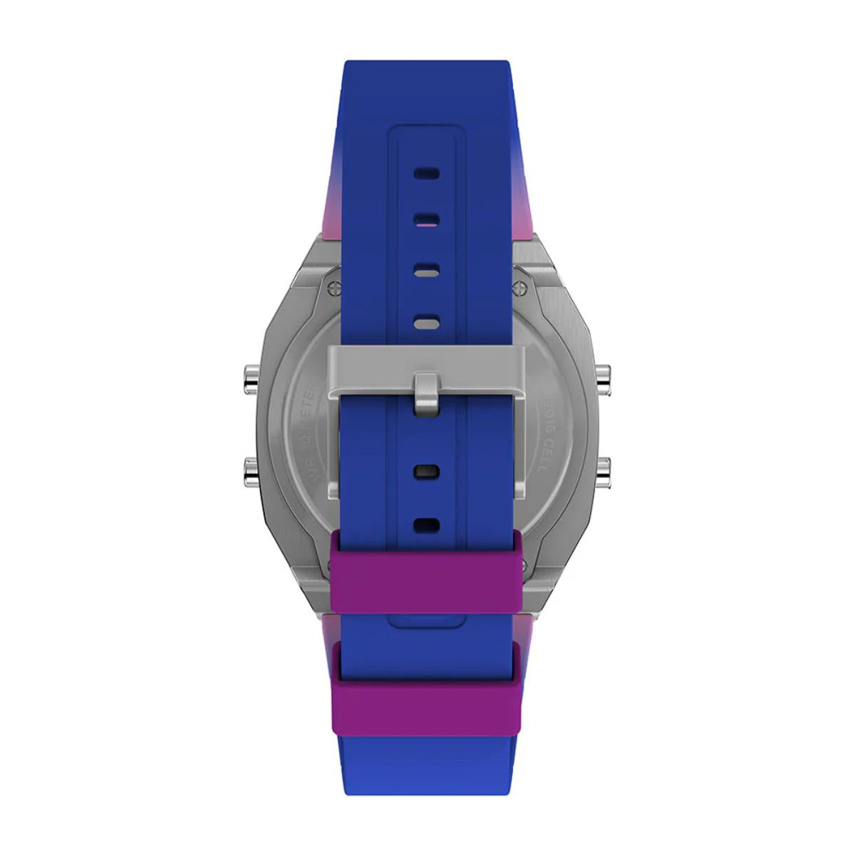 Timex T80 watch with blue and purple resin strap and visible side buttons