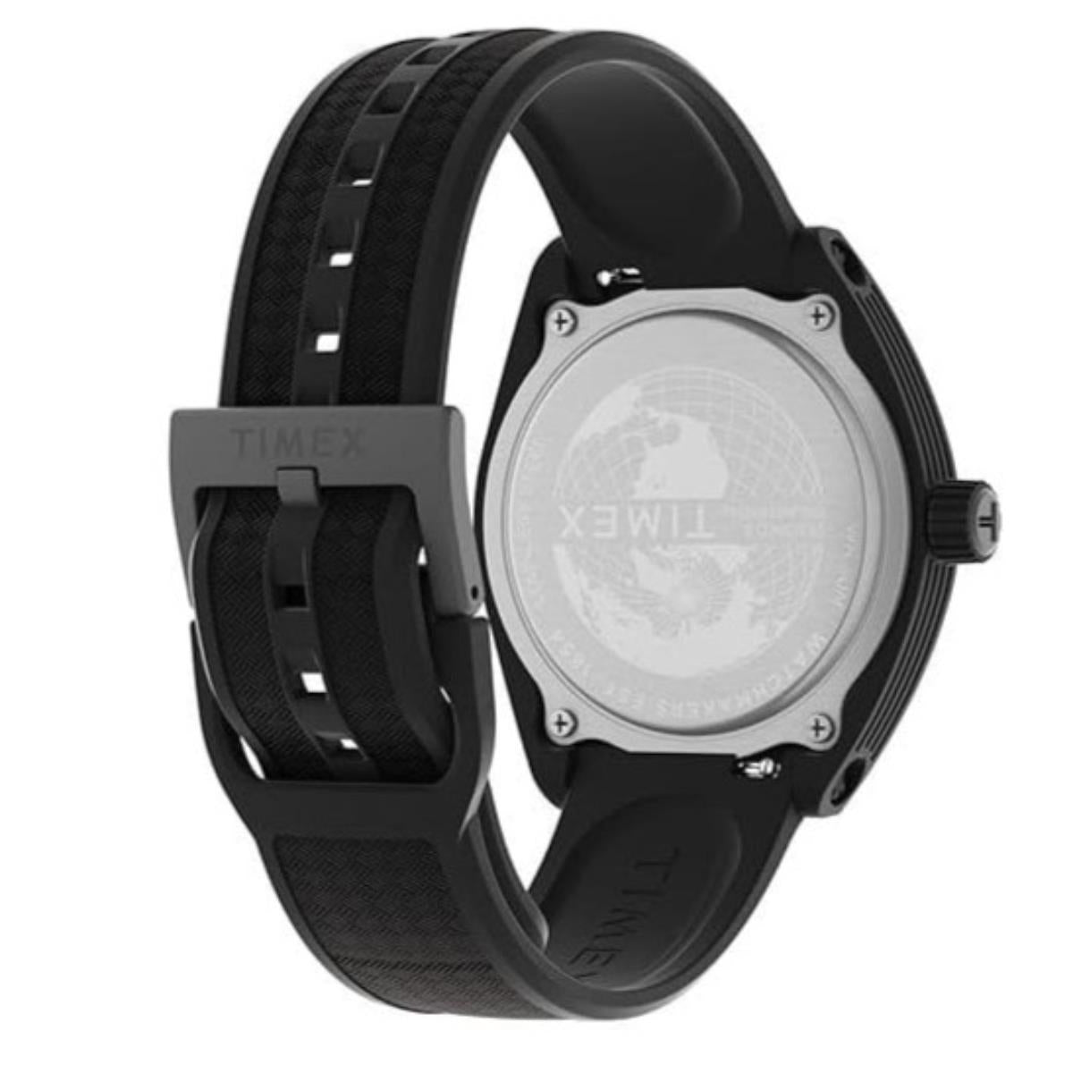 Black resin quartz watch with round case, textured black strap, silver-toned dial