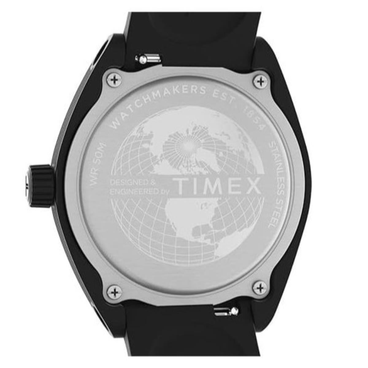 Black resin watch case with silver back, world-map engraving and four screws