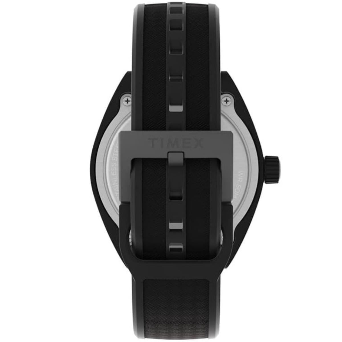 Black resin watch with textured band and clasp, side view of case and crown