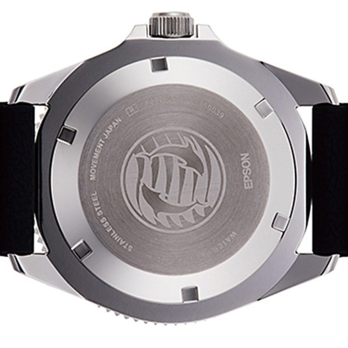 Men's automatic watch, black rubber strap, engraved steel case back