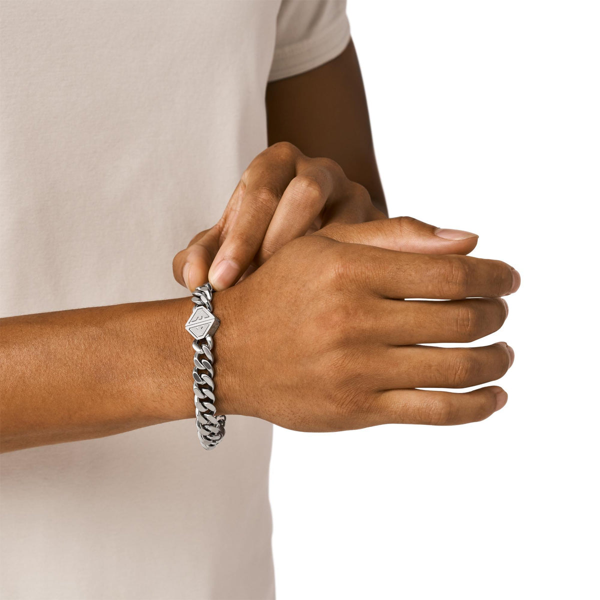 Stainless steel chain bracelet worn on wrist