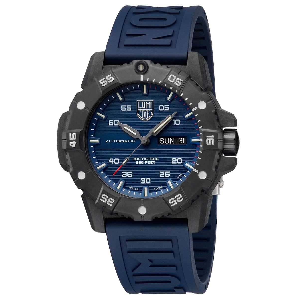 Luminox Master Carbon SEAL XS.3863 automatic dive watch, three-quarter front view displaying the blue dial, carbon case profile, and navy rubber strap