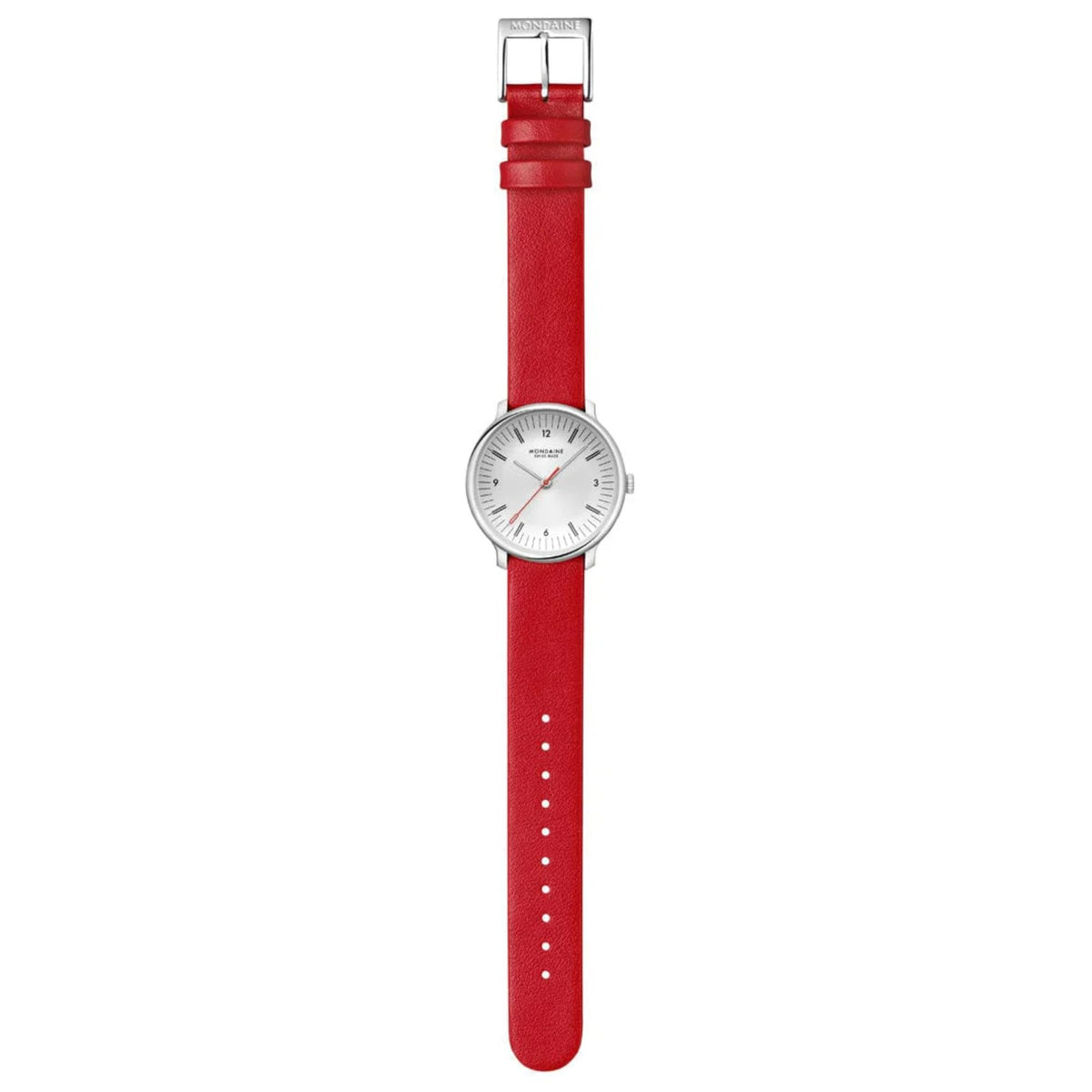 Full-length shot of Mondaine Doppio watch laid completely straight, showing the entire length of the red leather strap, the silver buckle at the top, and the adjustment holes at the bottom