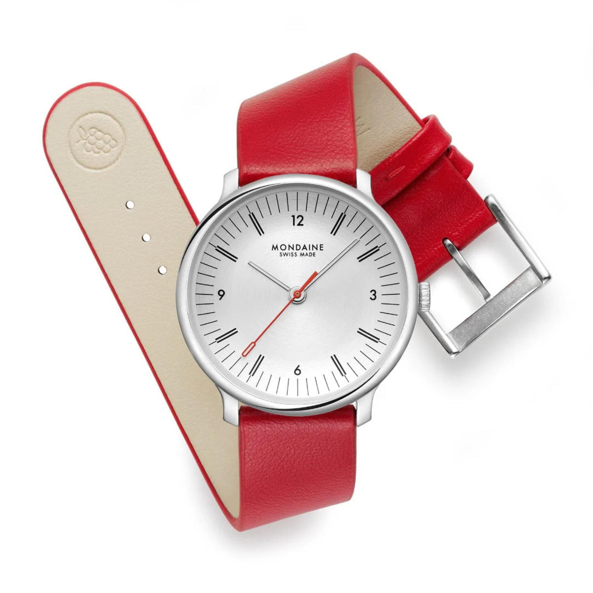 Mondaine Doppio MLE.33110.LCV watch with its red leather strap styled into a loose curl, revealing the beige-colored inner lining of the band and the silver buckle