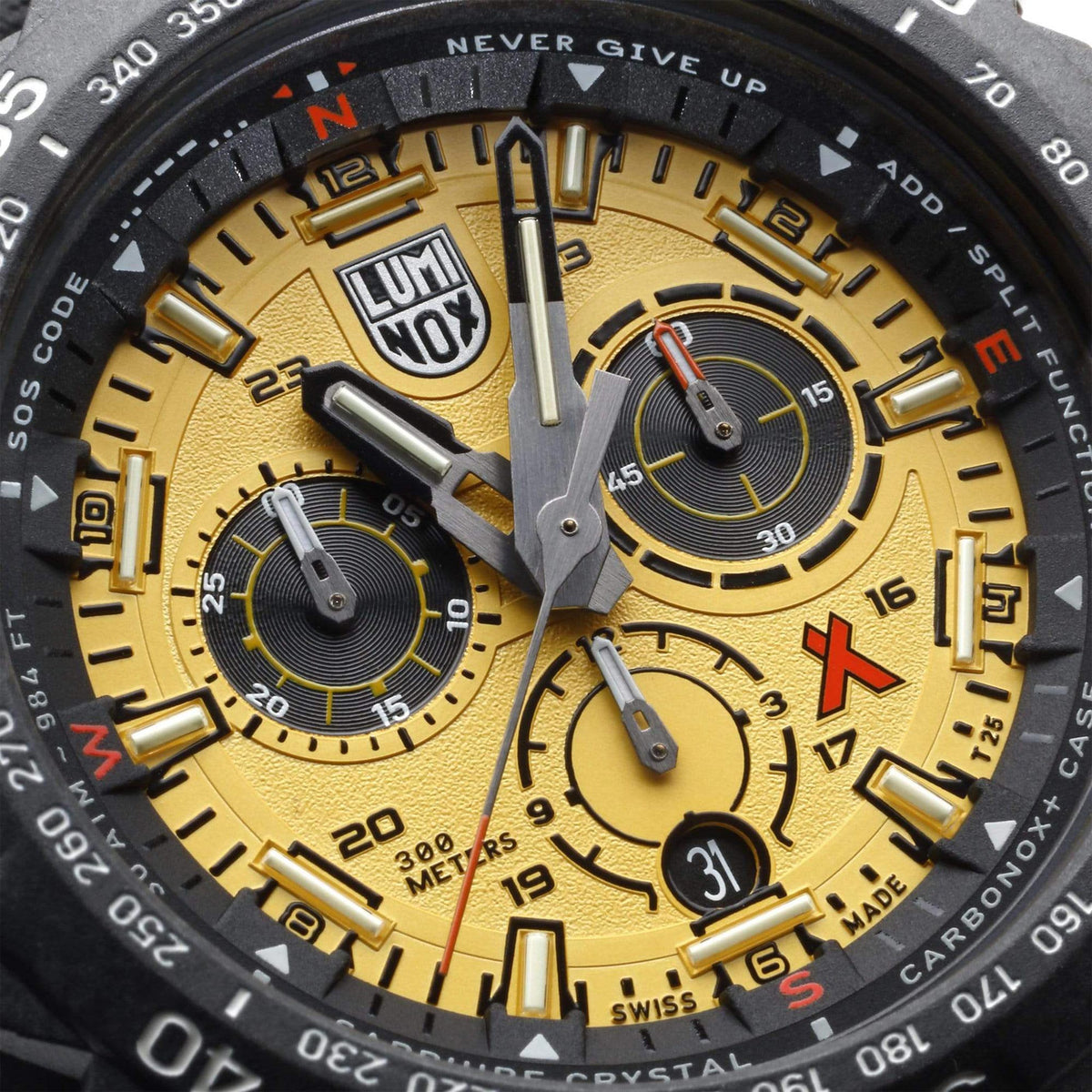 Luminox dial with yellow markers, subdials, and LUMINOX XB logo