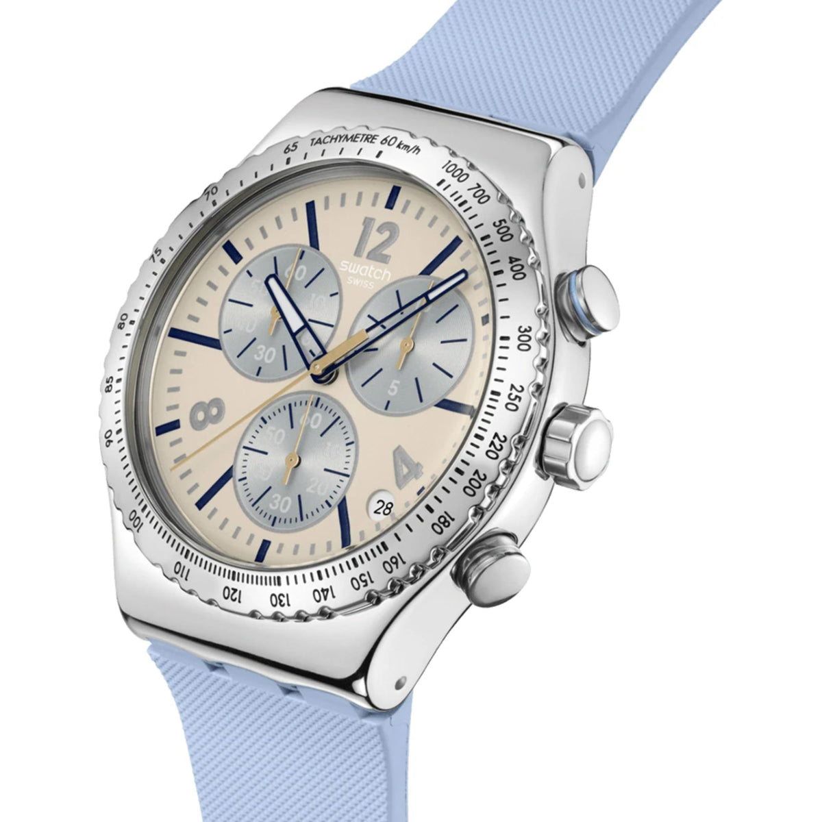 Silver chronograph watch with blue-accent subdials on light blue rubber strap