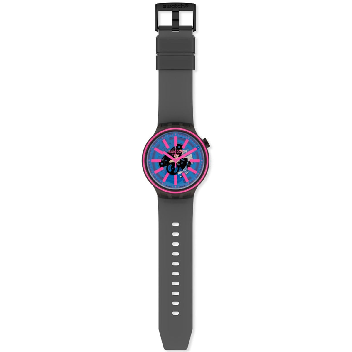 Swatch blue dial black silicone strap watch with pink bezel accents, front view