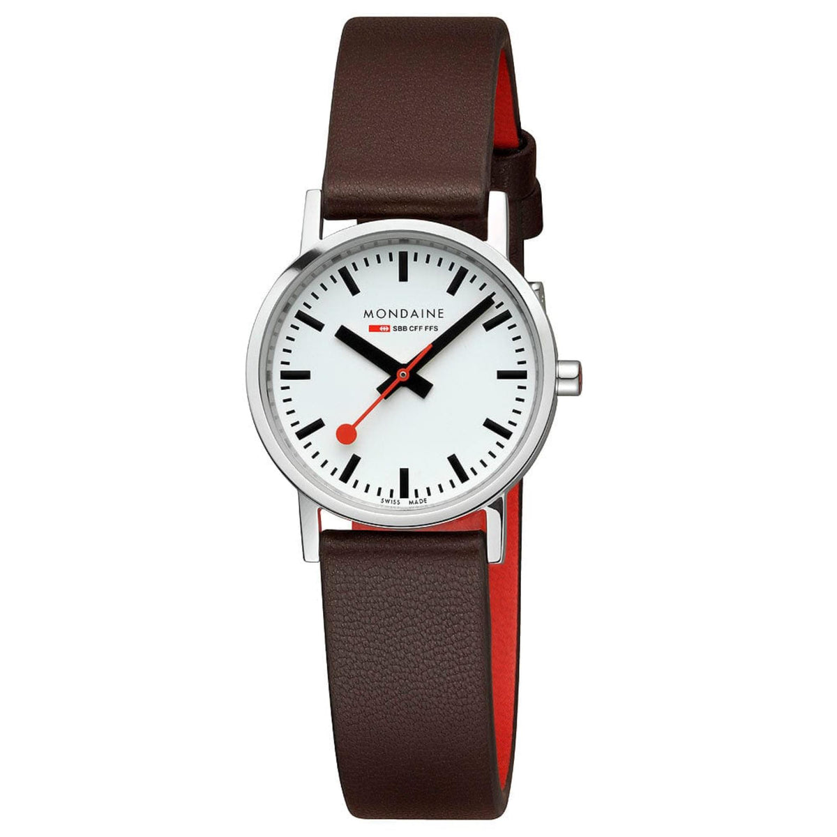 Mondaine Classic A658.30323.11SBGV showcasing the stainless steel case, clean white watch face, and red-lined brown strap loop