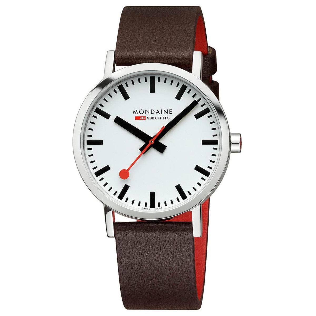Mondaine Classic 40mm men's quartz watch, white dial with black markers, brown leather strap