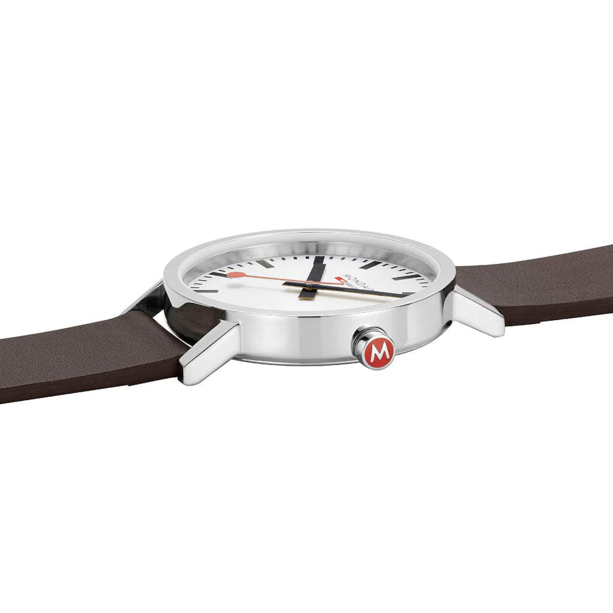 Mondaine Classic 40mm men's quartz watch case close-up with dark leather band, white dial