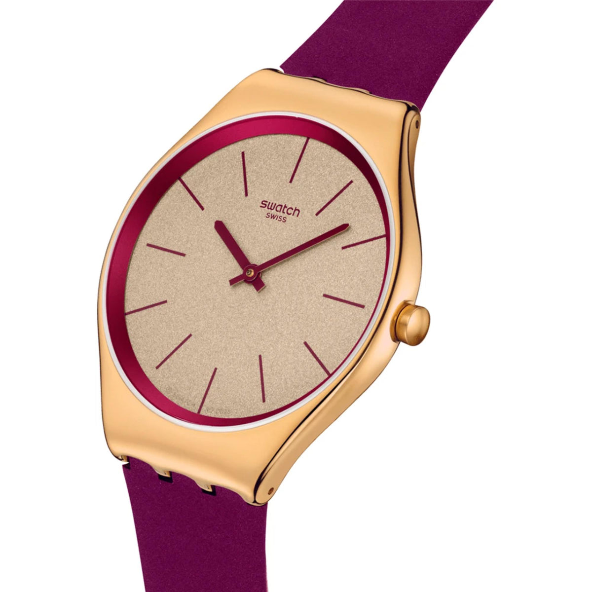 Gold-tone case watch with cream dial, burgundy bezel, burgundy leather strap, red hands