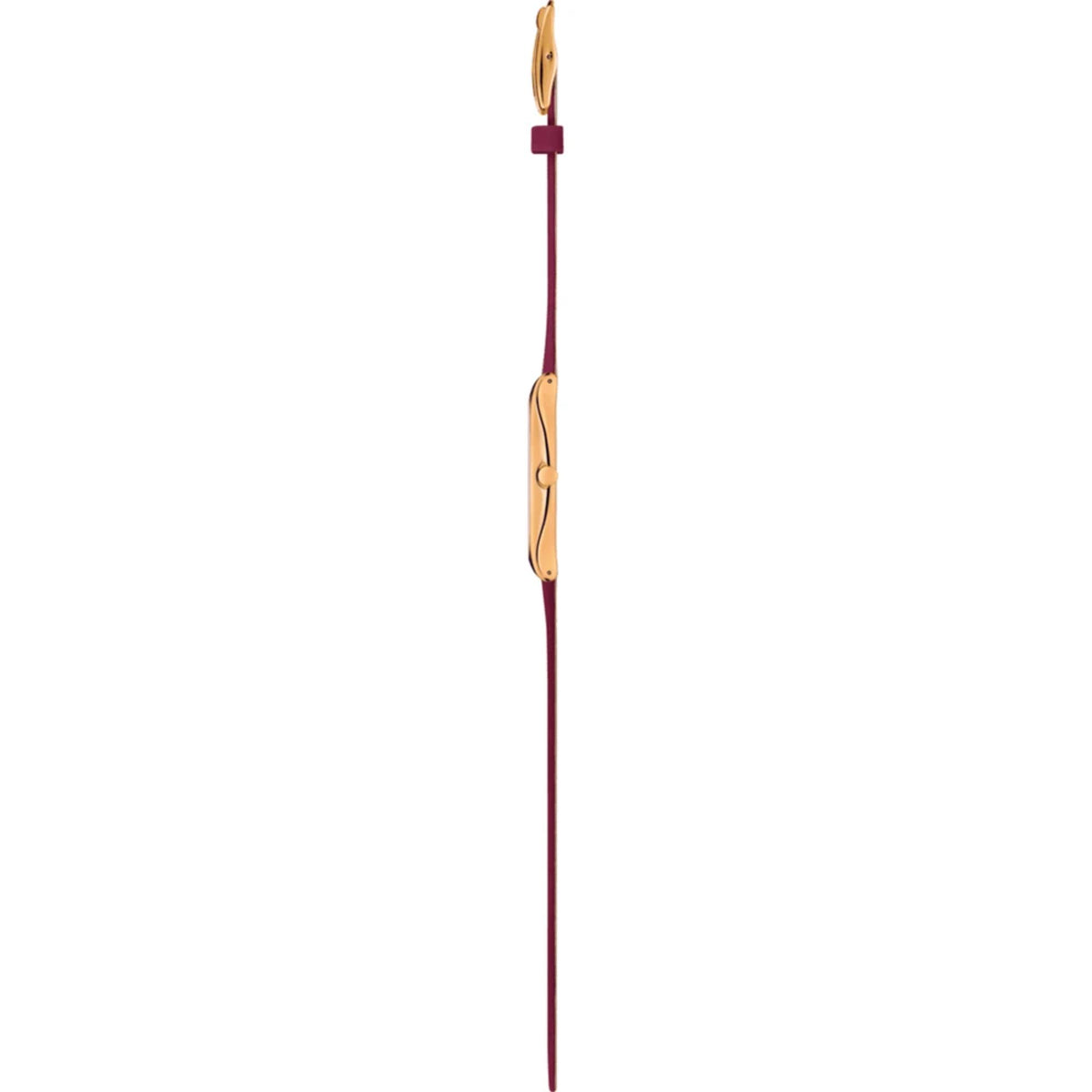 Burgundy leather watch strap with gold-tone case side and clasp