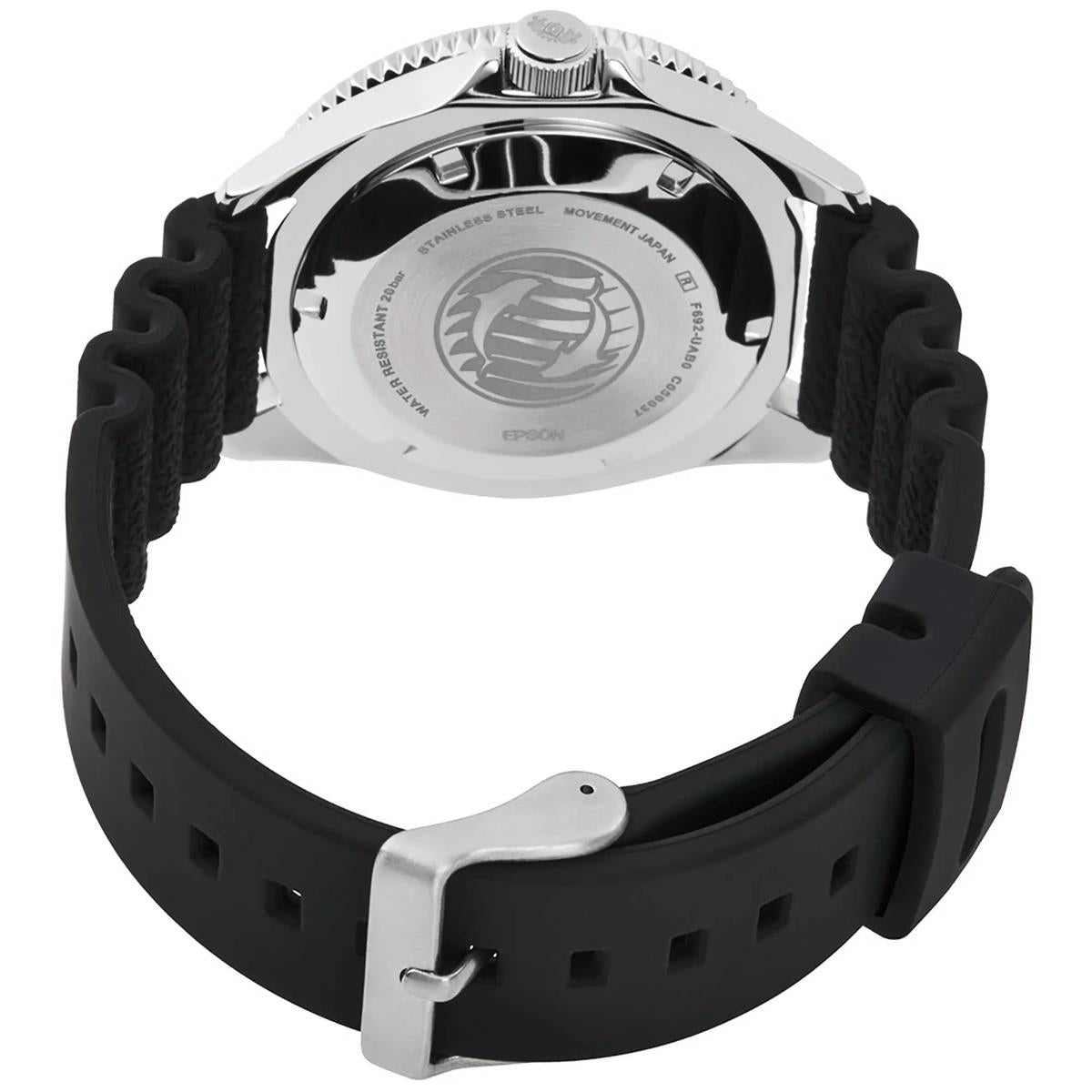 Automatic watch with stainless steel caseback and black silicone strap