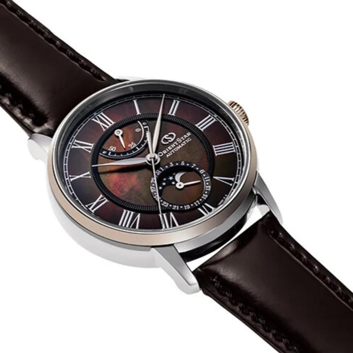 Men's automatic moon phase watch with dark brown leather strap and dark dial