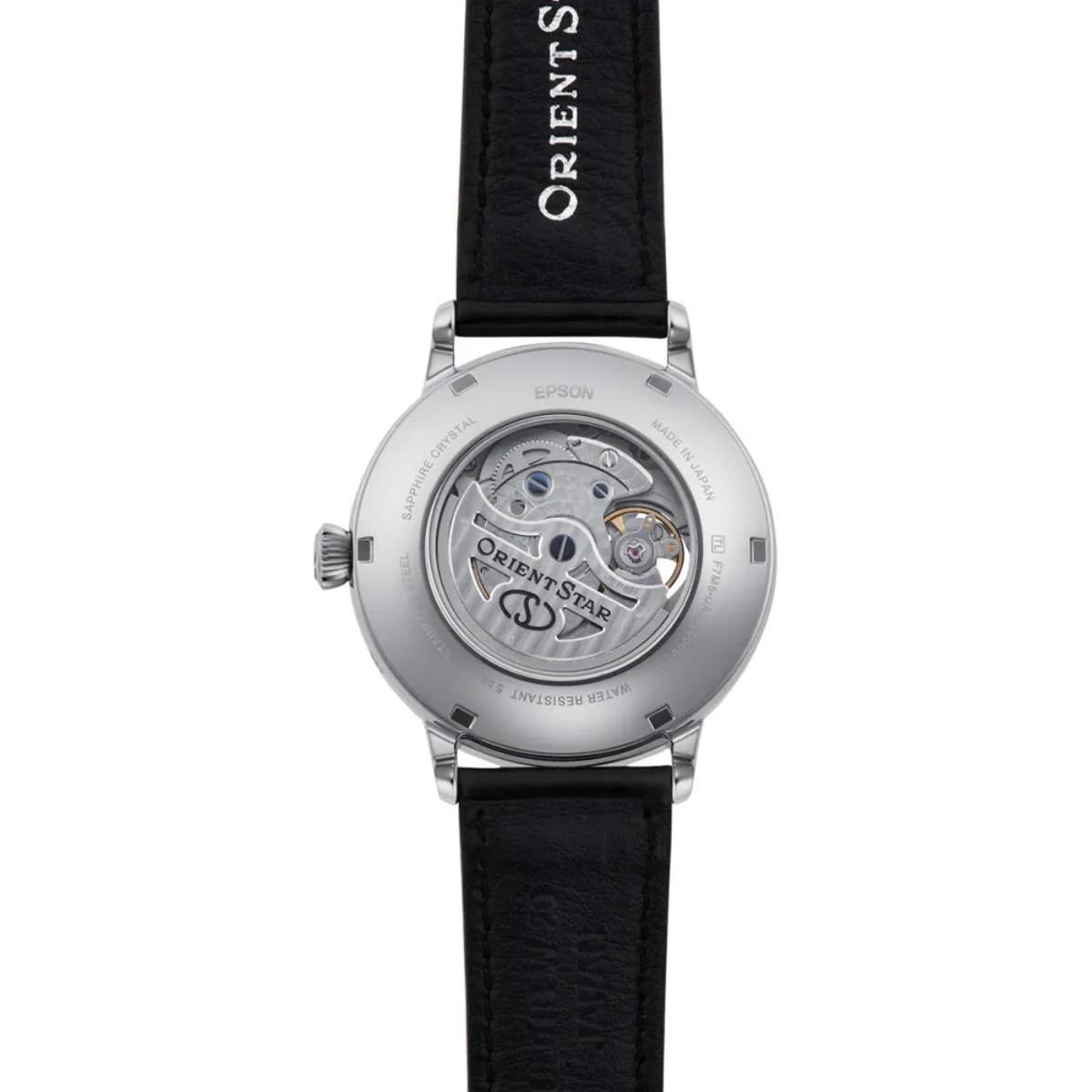 Orient Star automatic watch with open-work movement on silver case, black leather strap